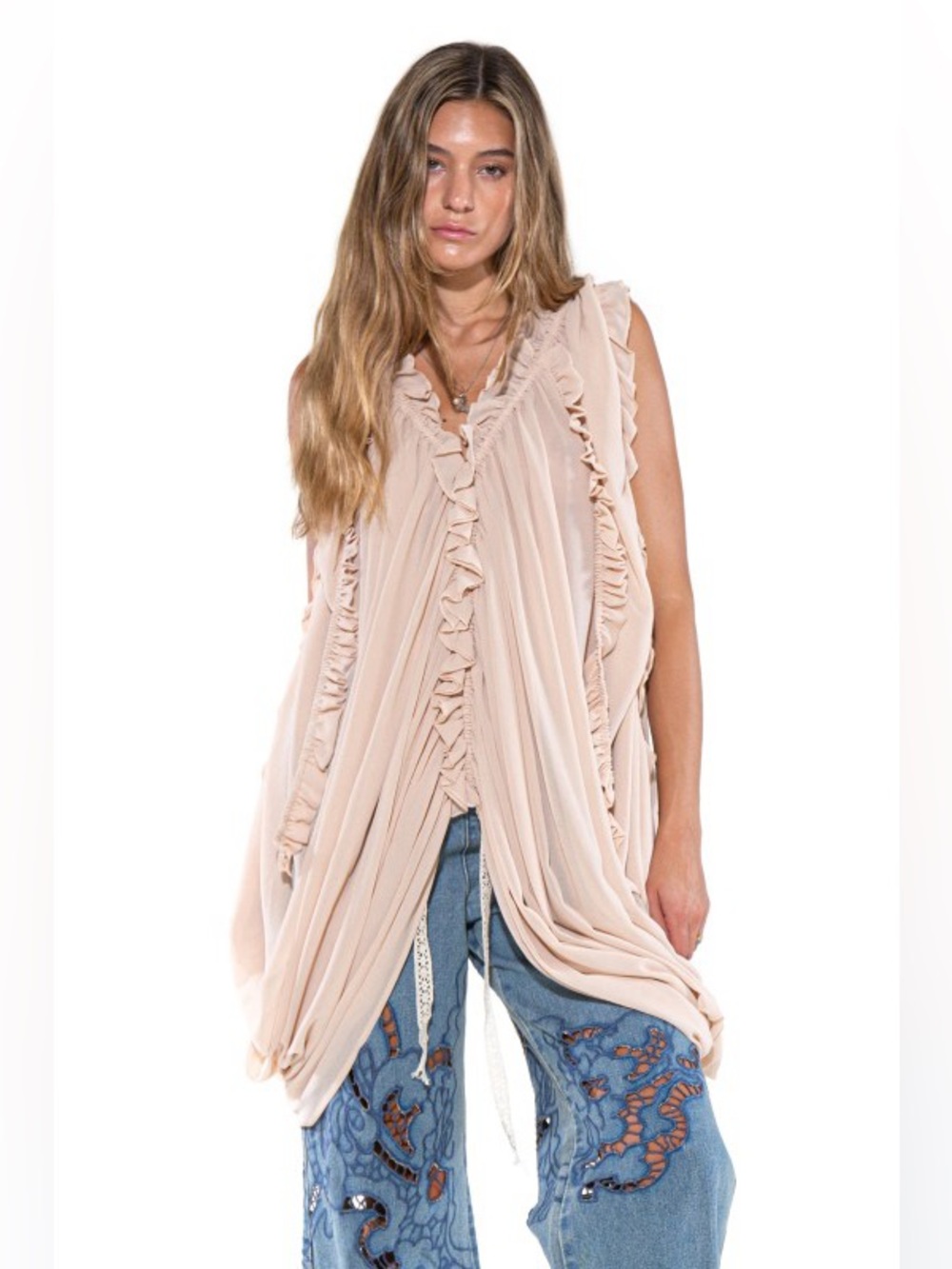 K03. Lightweight Ruffle Draped Tunic top